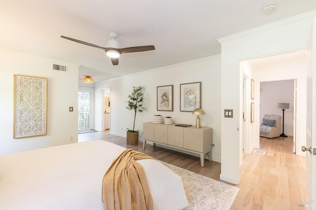 3180 Vichy Ave, Napa, CA 94558 - bedroom featuring light wood-style flooring, crown molding, baseboards, and ceiling fan