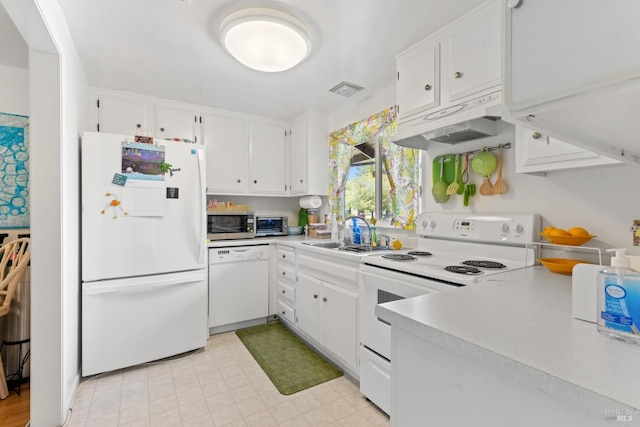 408 White Oak Dr, Santa Rosa, CA 95409 - kitchen featuring white appliances, a sink, under cabinet range hood, and light countertops