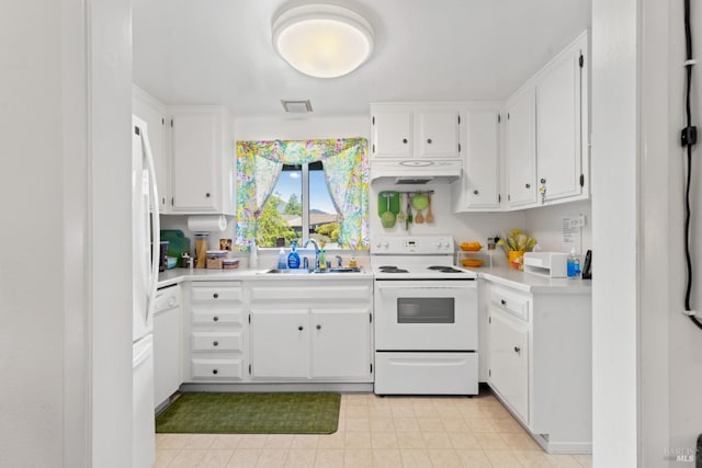 408 White Oak Dr, Santa Rosa, CA 95409 - kitchen with white range with electric stovetop, a sink, under cabinet range hood, light countertops, and white cabinets