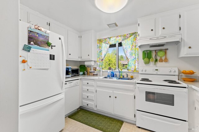 408 White Oak Dr, Santa Rosa, CA 95409 - kitchen with white appliances, a sink, under cabinet range hood, light countertops, and white cabinets