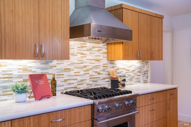 7301 Baker Ln, Sebastopol, CA 95472 - kitchen with exhaust hood, high end range, decorative backsplash, and light countertops