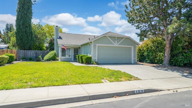 single story home featuring a garage, concrete driveway, a chimney, stucco siding, and a shingled roof