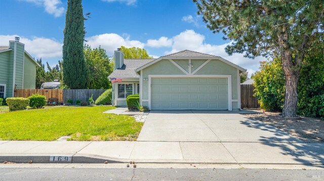 view of front of property featuring a garage, concrete driveway, stucco siding, a chimney, and a shingled roof