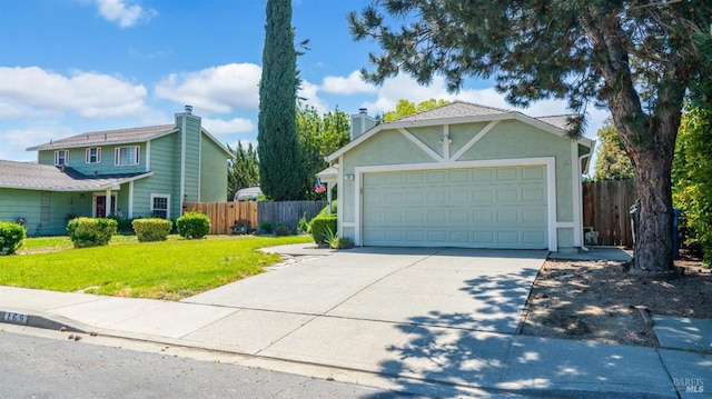 view of front of property featuring concrete driveway, stucco siding, a garage, and a chimney