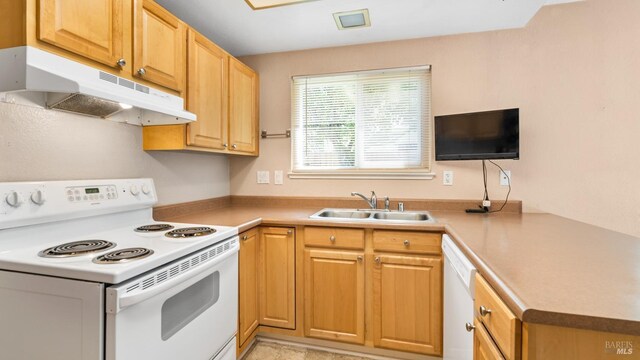 kitchen featuring white appliances, under cabinet range hood, a sink, light countertops, and a peninsula
