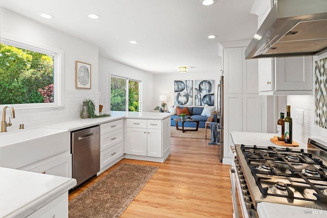kitchen featuring range hood, stainless steel appliances, light countertops, recessed lighting, and tasteful backsplash