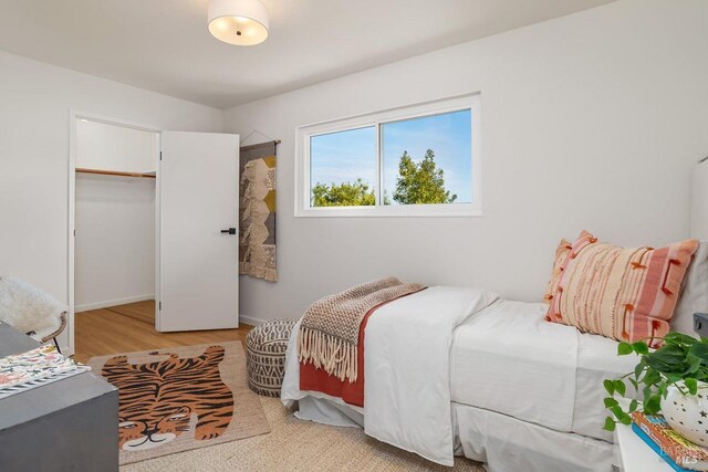 bedroom with light wood finished floors, a closet, baseboards, and a spacious closet