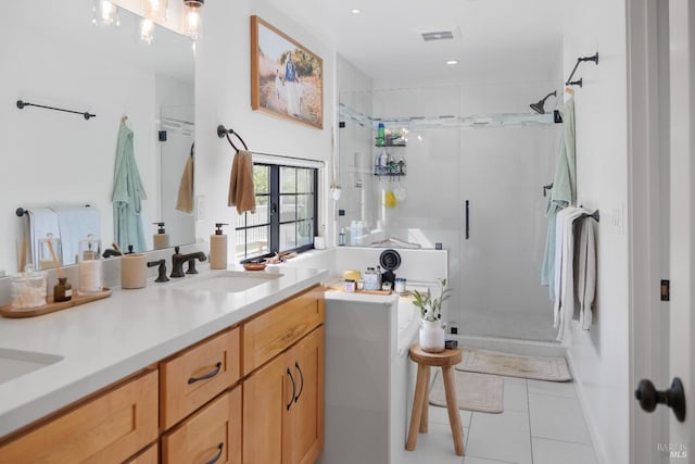 6820 Day Rd, Windsor, CA 95492 - bathroom featuring a stall shower, tile patterned flooring, double vanity, and recessed lighting