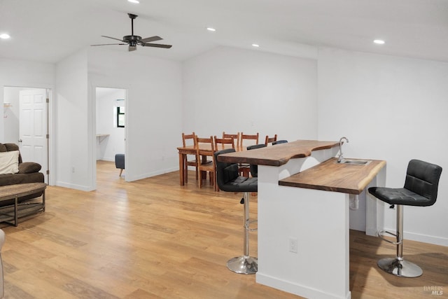 6820 Day Rd, Windsor, CA 95492 - dining room featuring a ceiling fan, light wood-style flooring, recessed lighting, lofted ceiling, and baseboards