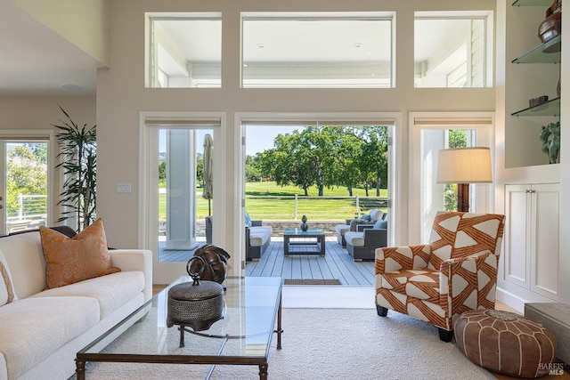 living room with healthy amount of natural light and a towering ceiling