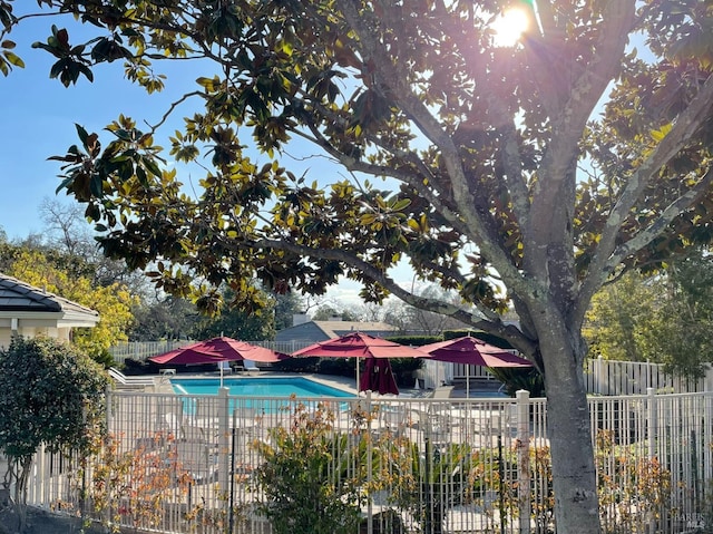 view of pool featuring fence and a patio area