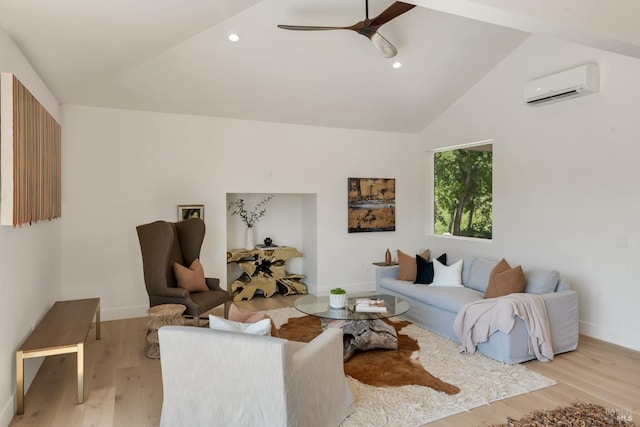 1575 Felder Rd, Sonoma, CA 95476 - living room with an AC wall unit, ceiling fan, light wood-style flooring, baseboards, and recessed lighting