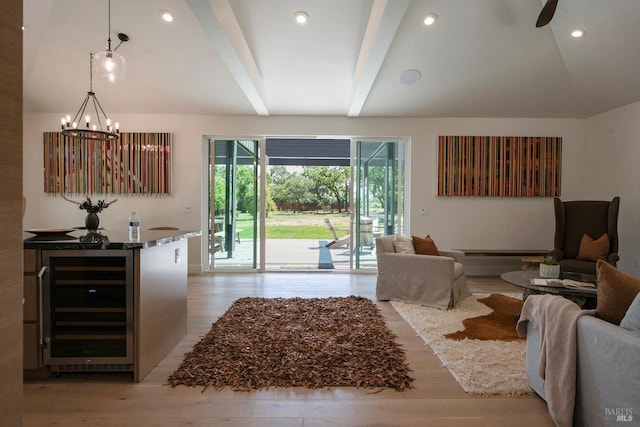 1575 Felder Rd, Sonoma, CA 95476 - living area with wine cooler, a chandelier, light wood-style flooring, recessed lighting, and bar