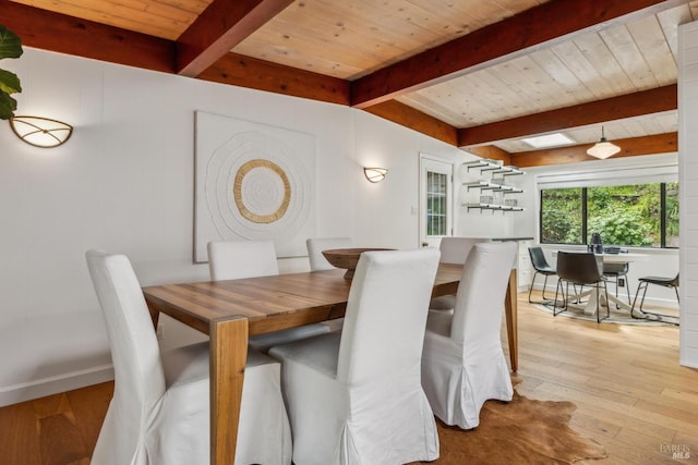 16 Ivy Ln, Woodacre, CA 94973 - dining room with wooden ceiling, beam ceiling, wood-type flooring, and baseboards