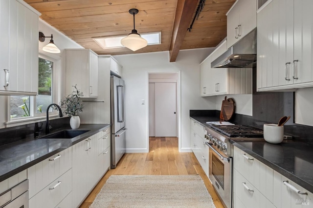 16 Ivy Ln, Woodacre, CA 94973 - kitchen with under cabinet range hood, a sink, high end appliances, light wood-style flooring, and wooden ceiling