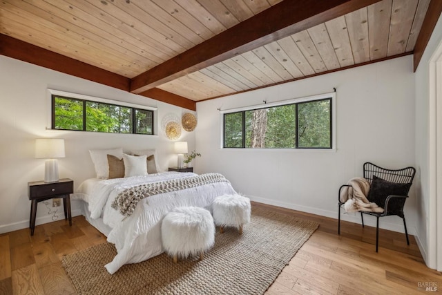 16 Ivy Ln, Woodacre, CA 94973 - bedroom with beam ceiling, multiple windows, wood ceiling, hardwood / wood-style flooring, and baseboards
