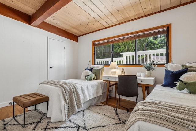 16 Ivy Ln, Woodacre, CA 94973 - bedroom featuring wood finished floors, multiple windows, wooden ceiling, crown molding, and beam ceiling
