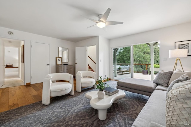 16 Ivy Ln, Woodacre, CA 94973 - living room featuring wood finished floors, stairway, and a ceiling fan