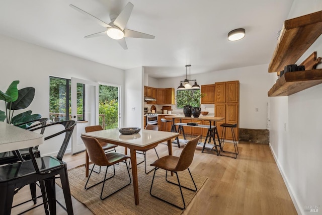 16 Ivy Ln, Woodacre, CA 94973 - dining space featuring light wood finished floors, ceiling fan, and baseboards