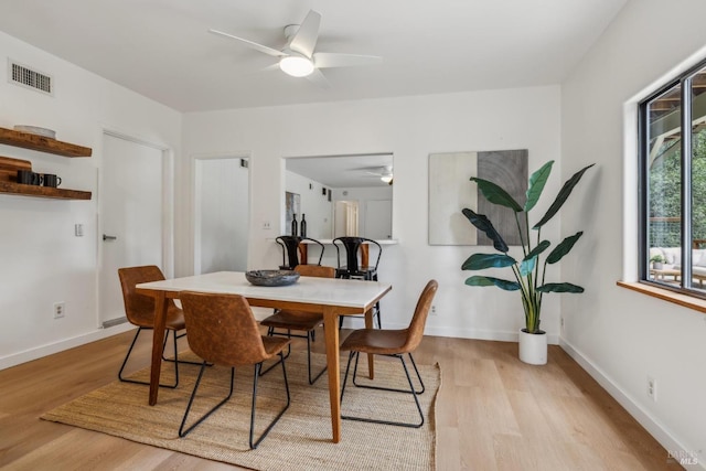 16 Ivy Ln, Woodacre, CA 94973 - dining space with light wood-type flooring, ceiling fan, and baseboards