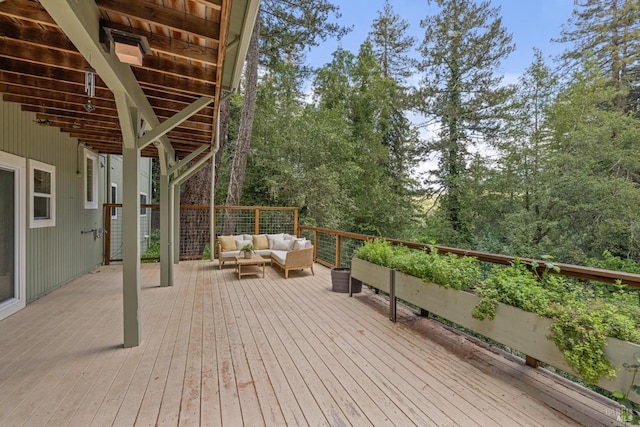 16 Ivy Ln, Woodacre, CA 94973 - wooden deck featuring an outdoor living space and view of wooded area