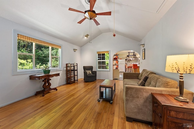 10 Wildwood Ln, Cazadero, CA 95421 - living area featuring ceiling fan, lofted ceiling, light wood finished floors, arched walkways, and baseboards