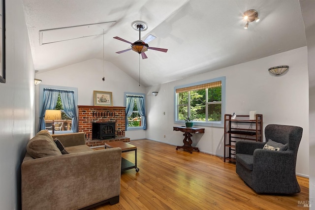 10 Wildwood Ln, Cazadero, CA 95421 - living room with a ceiling fan, wood finished floors, attic access, a textured ceiling, and high vaulted ceiling