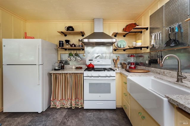 10 Wildwood Ln, Cazadero, CA 95421 - kitchen with white appliances, wall chimney range hood, open shelves, a sink, and ornamental molding