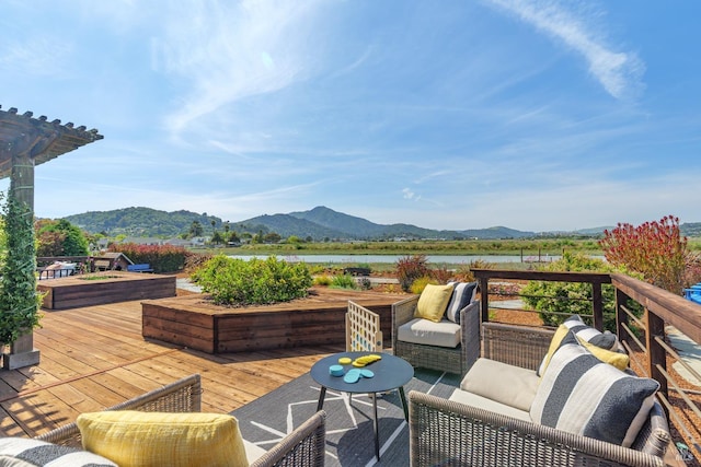 199 Golden Hind Psge, Corte Madera, CA 94925 - wooden terrace with a water and mountain view and outdoor lounge area