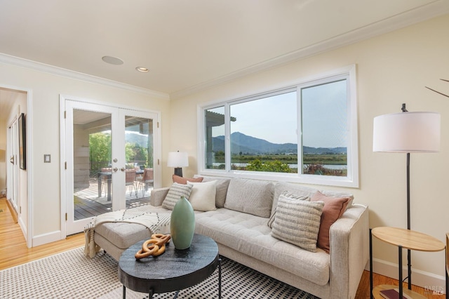 199 Golden Hind Psge, Corte Madera, CA 94925 - living room featuring french doors, ornamental molding, light wood-type flooring, baseboards, and a mountain view