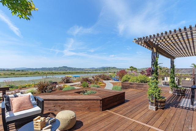 199 Golden Hind Psge, Corte Madera, CA 94925 - wooden terrace with a pergola, a water and mountain view, and an outdoor hangout area