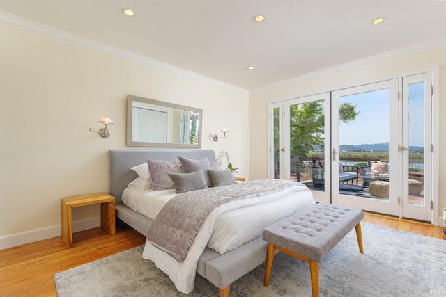 199 Golden Hind Psge, Corte Madera, CA 94925 - bedroom featuring access to outside, ornamental molding, light wood-style flooring, baseboards, and recessed lighting