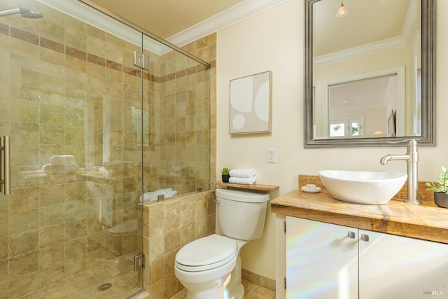 199 Golden Hind Psge, Corte Madera, CA 94925 - bathroom with ornamental molding, toilet, a stall shower, and vanity