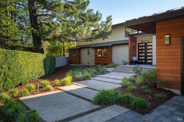 421 Crown Rd, Kentfield, CA 94904 - property entrance featuring a standing seam roof and metal roof