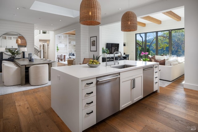 421 Crown Rd, Kentfield, CA 94904 - kitchen with open floor plan, a sink, stainless steel dishwasher, wood-type flooring, and recessed lighting