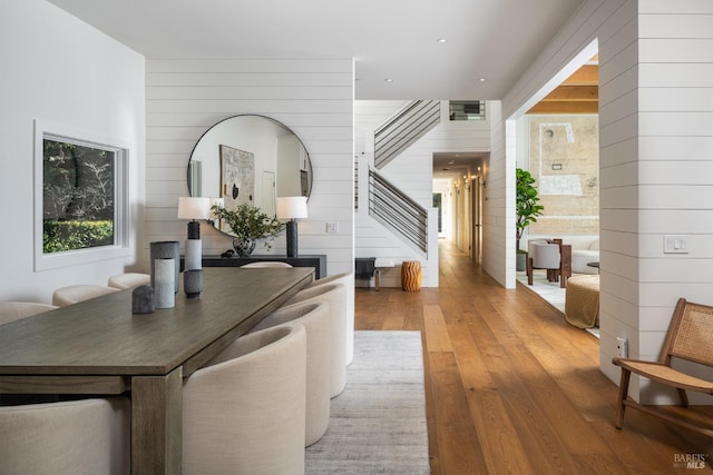 421 Crown Rd, Kentfield, CA 94904 - foyer featuring wood walls, stairway, and wood finished floors