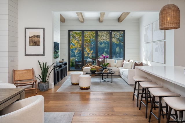 421 Crown Rd, Kentfield, CA 94904 - living area featuring beamed ceiling, light wood-type flooring, and wood walls