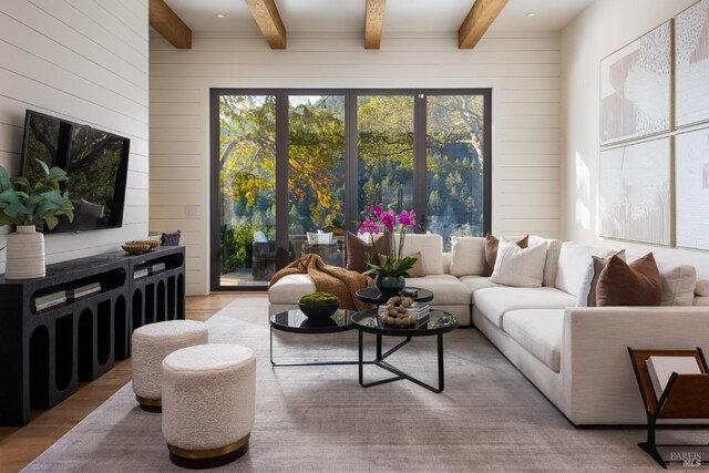 421 Crown Rd, Kentfield, CA 94904 - living room with wood walls, beamed ceiling, and light wood-style floors
