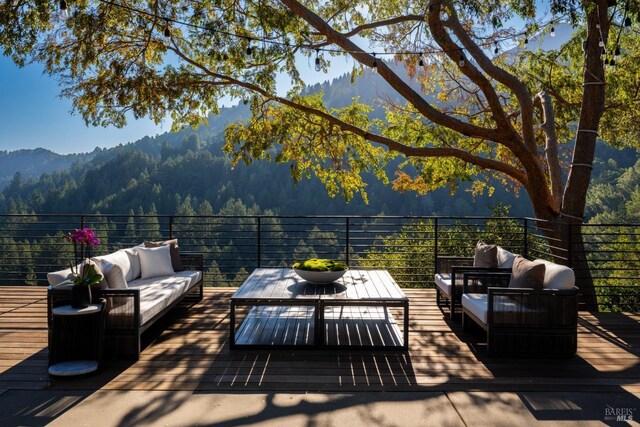 421 Crown Rd, Kentfield, CA 94904 - view of patio / terrace with outdoor dining area, an outdoor hangout area, a mountain view, and a view of trees