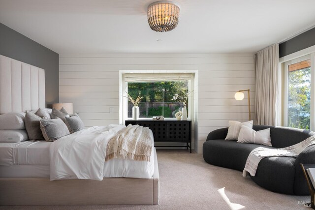 421 Crown Rd, Kentfield, CA 94904 - bedroom featuring light carpet, a desk, and wood walls