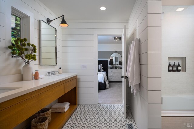 421 Crown Rd, Kentfield, CA 94904 - bathroom with ensuite bath, double vanity, tile patterned floors, a bathtub, and recessed lighting