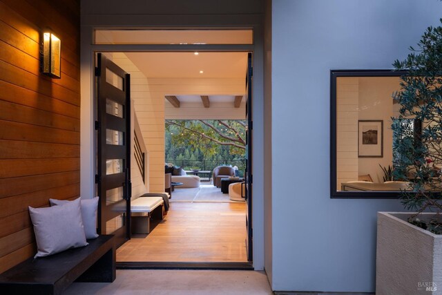 421 Crown Rd, Kentfield, CA 94904 - exterior entry at dusk featuring metal roof, a standing seam roof, and covered porch