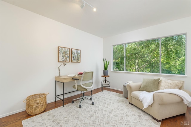office with baseboards, wood finished floors, and track lighting