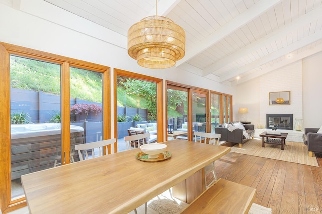401 Sausalito St, Corte Madera, CA 94925 - dining space with wooden ceiling, hardwood / wood-style floors, and a brick fireplace