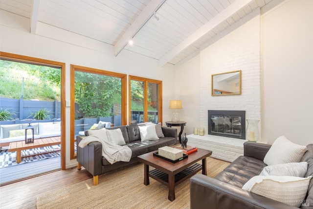 401 Sausalito St, Corte Madera, CA 94925 - living area featuring light wood-style floors, healthy amount of natural light, rail lighting, a fireplace, and wood ceiling