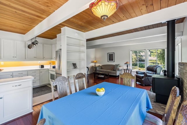 9 Buckeye Cir, Woodacre, CA 94973 - dining room with wood ceiling, beamed ceiling, a wood stove, and wood finished floors