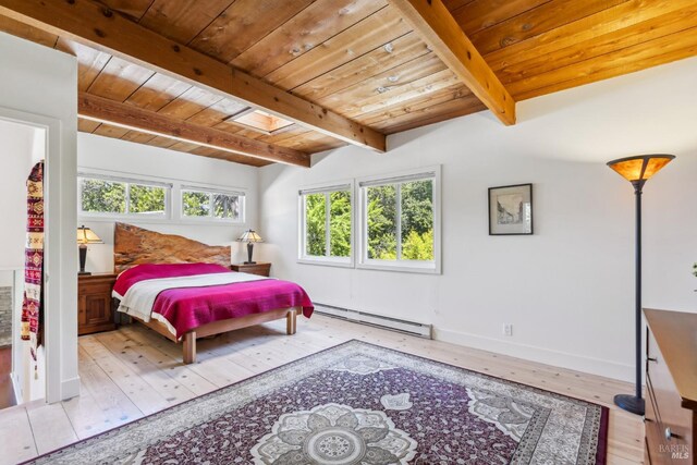 9 Buckeye Cir, Woodacre, CA 94973 - bedroom with a baseboard radiator, wooden ceiling, wood-type flooring, beamed ceiling, and baseboards