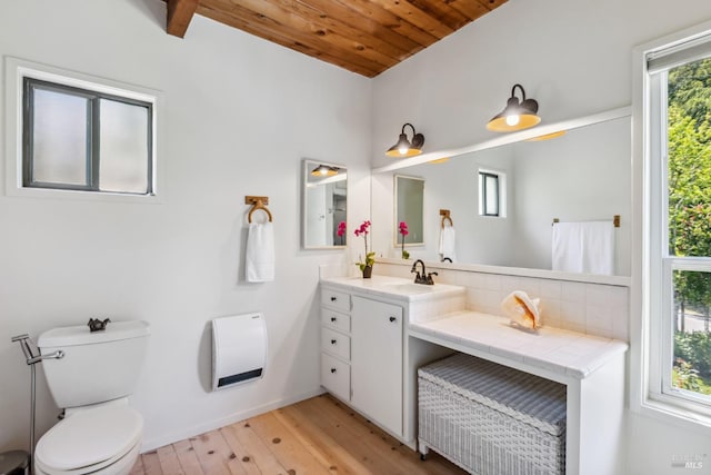 9 Buckeye Cir, Woodacre, CA 94973 - bathroom with wood finished floors, toilet, wooden ceiling, vanity, and baseboards