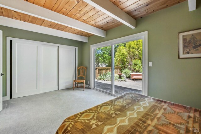 9 Buckeye Cir, Woodacre, CA 94973 - carpeted bedroom with access to exterior, beam ceiling, and wooden ceiling