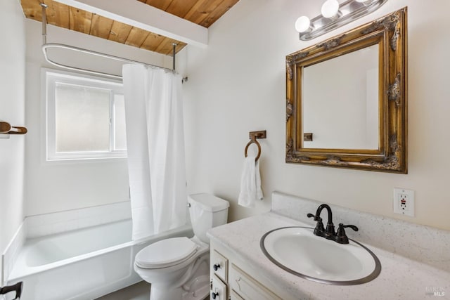 9 Buckeye Cir, Woodacre, CA 94973 - full bath featuring toilet, vanity, wooden ceiling, shower / tub combo with curtain, and beamed ceiling